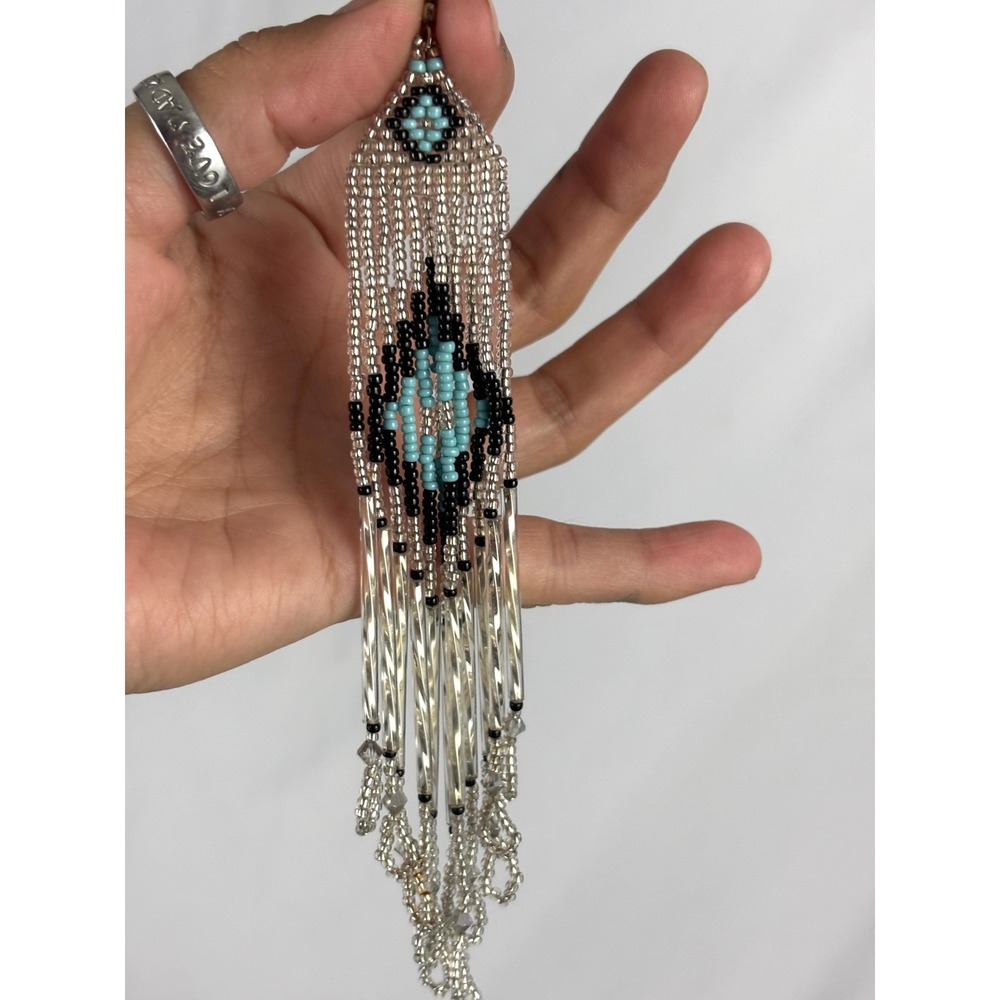 Vintage Beaded Fringe Statement Earrings Turquoise Black White Dangles Handmade - Picture 9 of 12